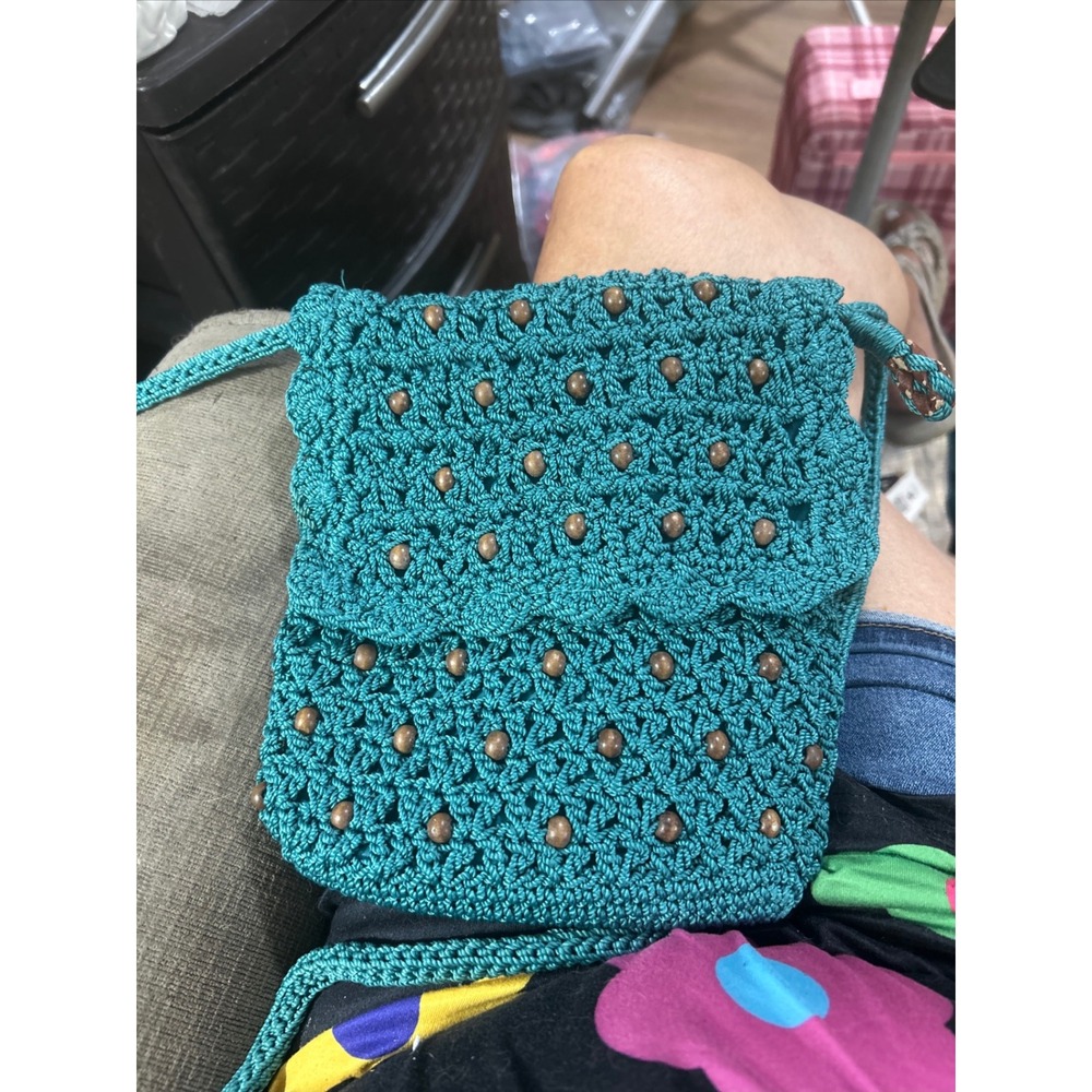 The Sak Teal Blue Crochet Beaded Crossbody Bag Boho Knit Purse Wood Beads